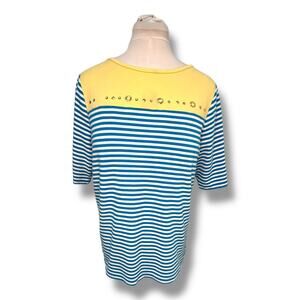 Quacker Factory Women’s Short Sleeve Sequin Embellish Top, Blue, size L